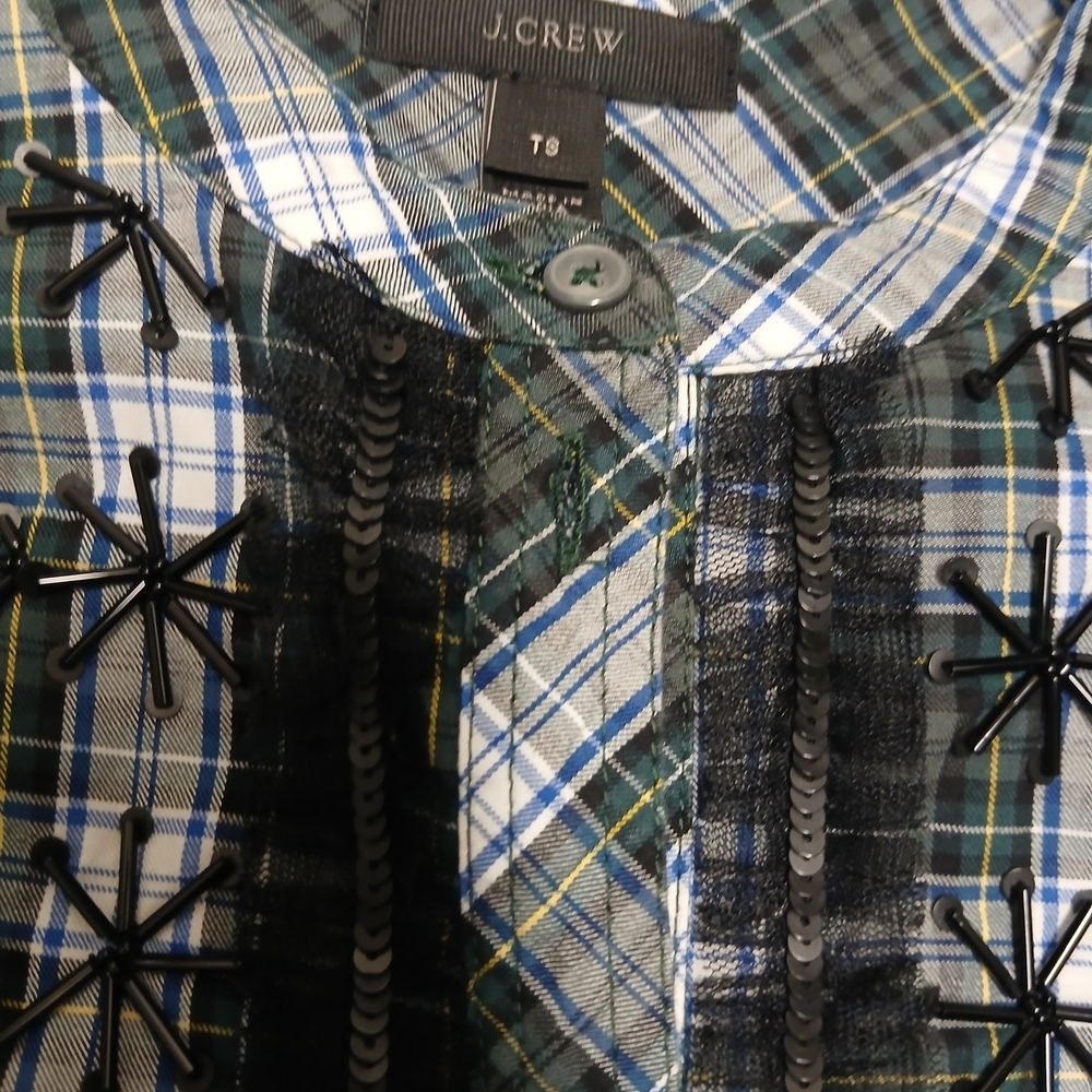 J. Crew Green and Black Plaid Ruffle-Front Button Shirt - Picture 4 of 9